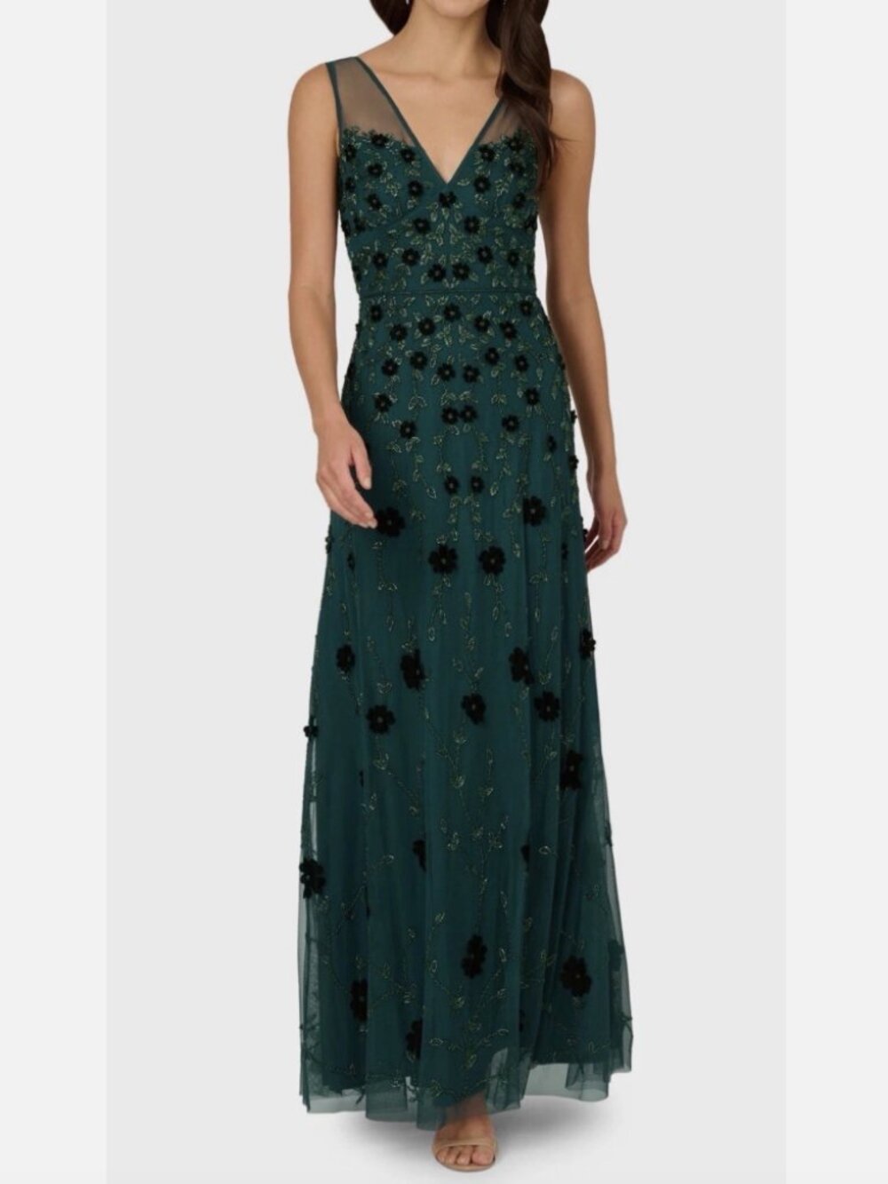 NEW Adrianna Papell Green Beaded Floral Gown Dress Sleeveless V-neck Size 14